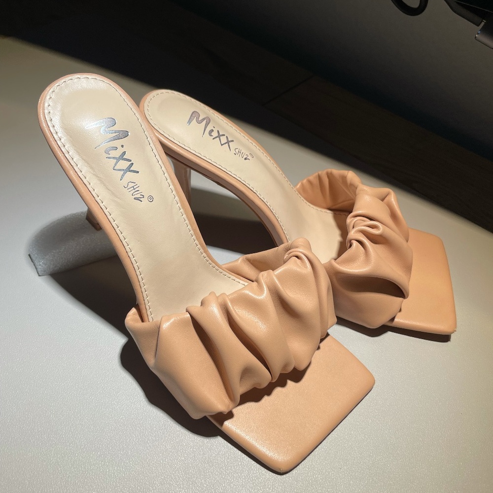 Mixx Shuz Square Toe Ruched Mule Heel in Nude